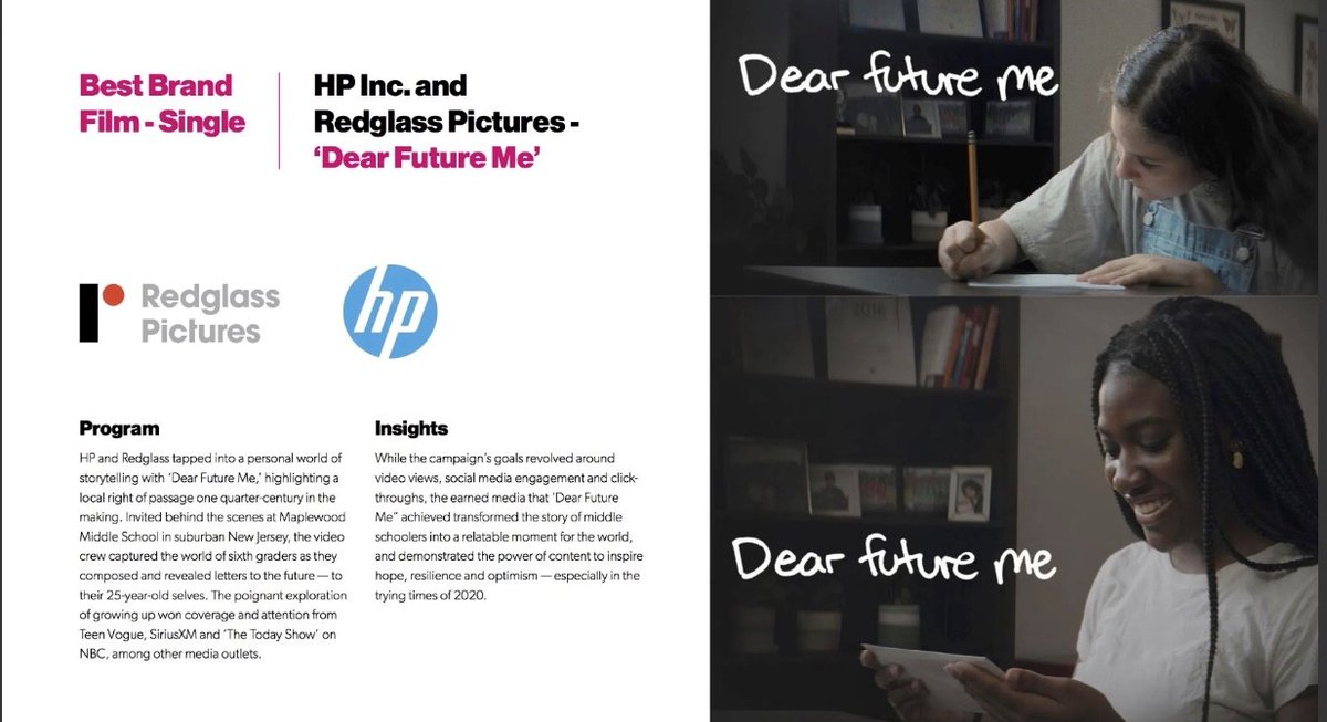 What an honor to see this type of storytelling acknowledged by @Digiday. @HP & @redglass win Best Brand Film for #DearFutureMe @angelamatusik @DigidayAwards #brand #brandpurpose

digiday.com/awards/hulu-60…