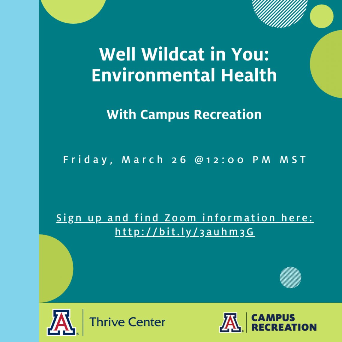 UAThrive's tweet photo. Join Thrive Center and @UAZCampusRec tomorrow, March 26, at 12 noon for "Well Wildcat in You: Environmental Health." 
Sign up to access the Zoom information here: https://t.co/37JdG7mJd7
#UAThrive #ThriveWellnessUA https://t.co/HnjUft9oOq