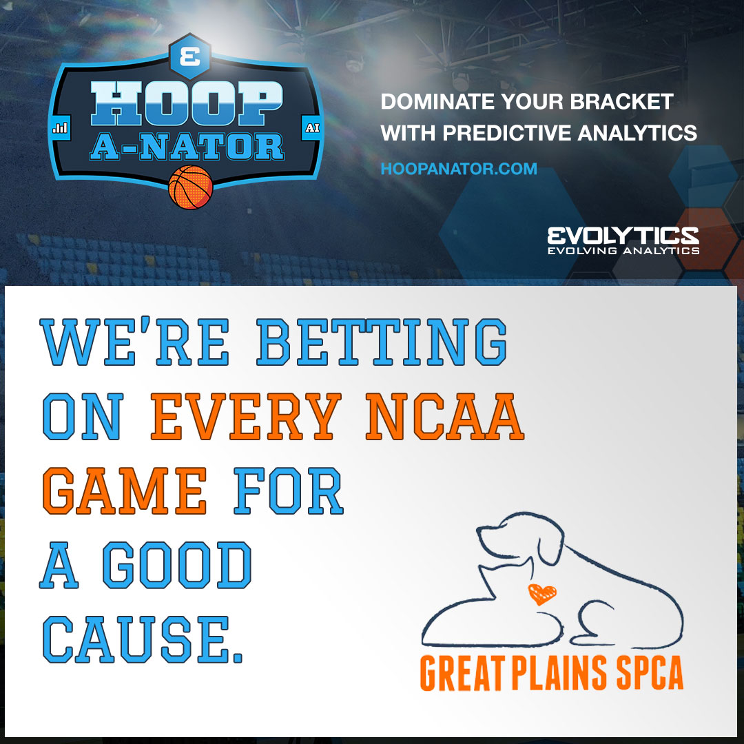 Evolytics's tweet photo. There's almost nothing sweeter than #Sweet16 #MarchMadness #HoopanatorPredictions, but you know what makes them even sweeter? With every accurate prediction, we're covering an adoption fee for @GreatPlainsSPCA! Be sure to retweet &amp; like your favorite predictions to show support! https://t.co/XeX2FdaP62