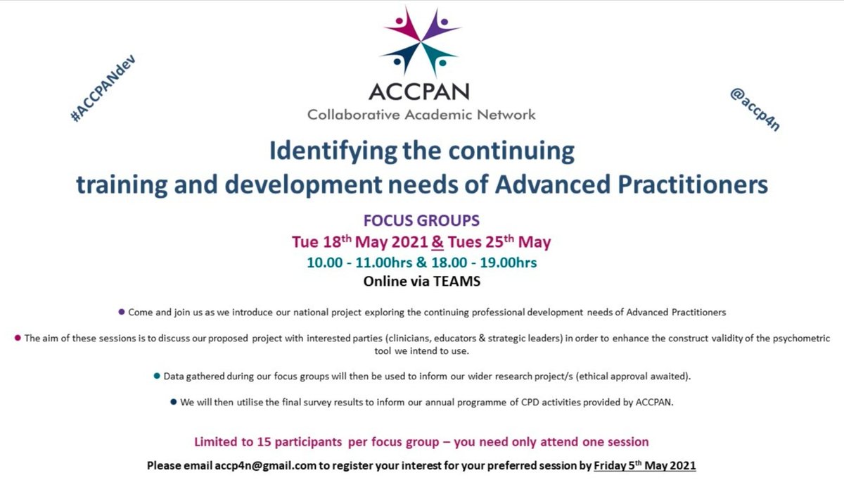 acp4n's tweet photo. 🚀 RE-LAUNCH 🚀
We are excited to announce that COVID-related suspension of #ACCPANdev is now being lifted 🙌🏻
Please consider joining our national research & development project re the #CPD needs of #advancedpractitioners 👇🏻
#ACP #ACCP #APCCP #ACPCPD #ACCPCPD #AdvancedPractice https://t.co/8aa3tNwuQ3