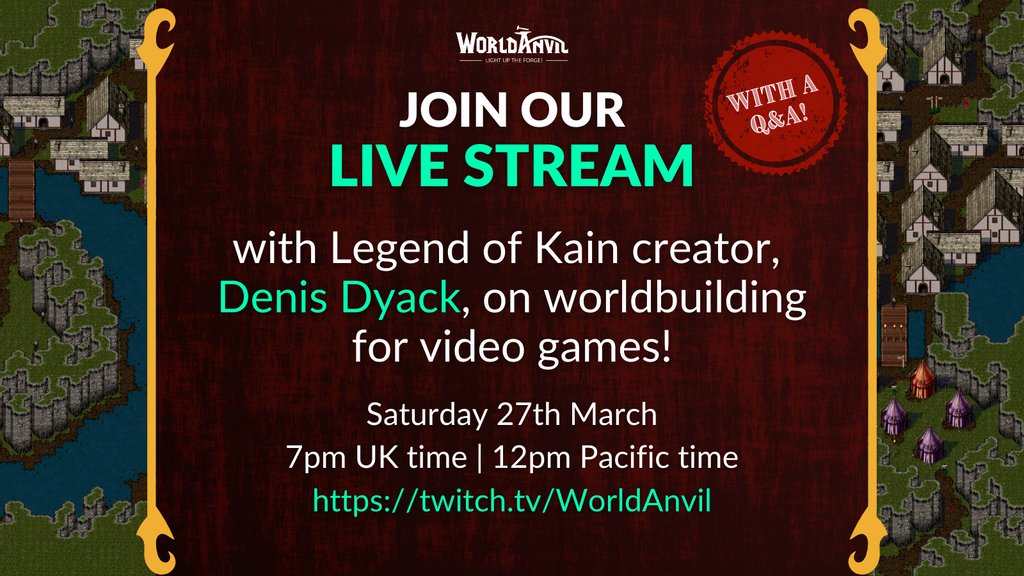 WorldAnvil's tweet photo. 🎮 Worldbuilding for videogames? 🙌 Don't miss out on our live stream with @Denis_Dyack this Saturday on our Twitch channel! 😍

🎮 https://t.co/dbRzmp2Tuy 🌏

#worldbuilding #videogames #rpg #WorldAnvil https://t.co/pBkwZTdRBg