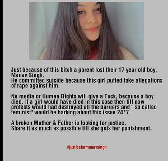 ShatrughanKunal's tweet image. Making FALSE accusations against someone is not only immoral and disgusting but a criminal offense. She should be in jsil, and account for his suicide as well. If you make light of and make false rape/sexual assault allegations against someone #JusticeForManavSingh