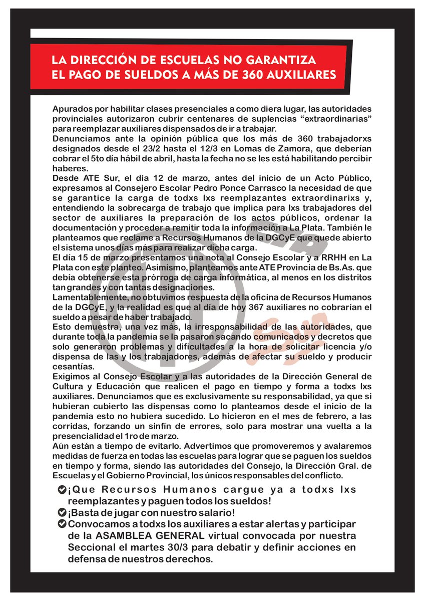 atesur's tweet photo. LA DIRECCIÓN DE ESCUELAS NO PAGO SUELDOS A MÁS DE 360 AUXILIARES
Denunciamos ante la opinión pública que los más de 360 trabajador@s designados desde el 23/2 hasta el 12/3 en Lomas de Zamora, que deberían cobrar el 5to día hábil de abril. https://t.co/FnQXTkrDGg