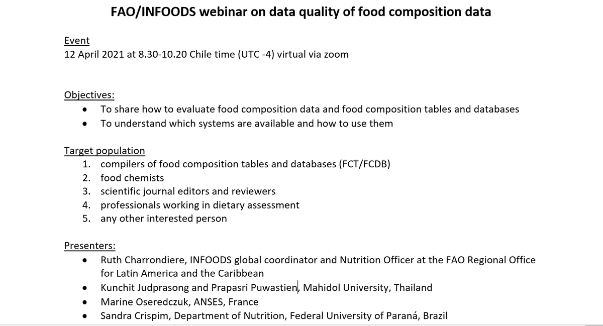 EpiNut's tweet photo. FAO/INFOODS WEBINAR: Data Quality of Food Composition Data
#webinar #quality #data #food #composition

Register in advance for this webinar to receive the zoom link and password of the webinar:
https://t.co/PkmK48A6bi https://t.co/AGHlhZgB7X