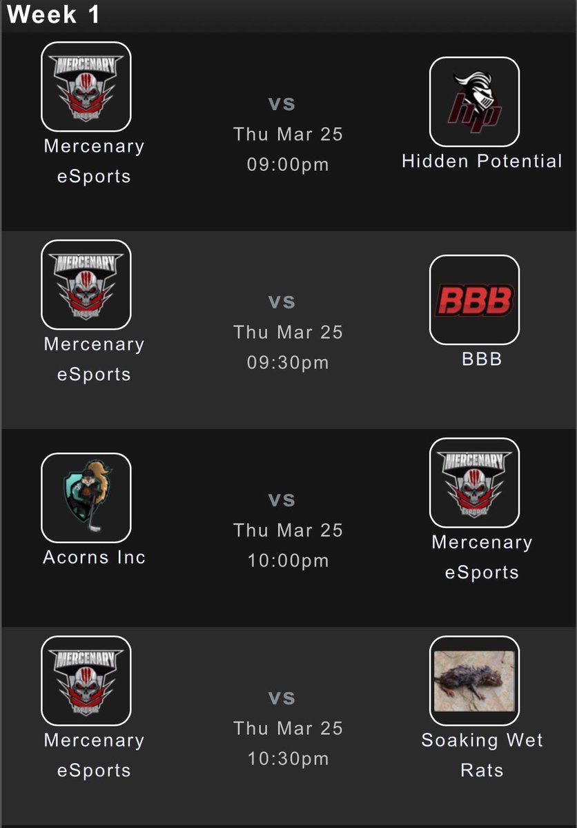 #MercenaryESports next round in the #KingsCoastCup begins tonight at 9PM ED. Some big match-ups.  

Watch: Twitch.tc/MercenaryEspor…
