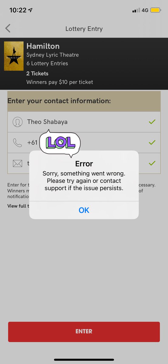 justheo_'s tweet photo. @TodayTix @TodayTixAU hi! Any chance you’re having widespread issues with the iOS app in Australia? Was hoping to enter the lotto when it opened this morn, restarted &amp; ended up logging out and now I can’t get back in! 😊 https://t.co/EDuW3BQbUF
