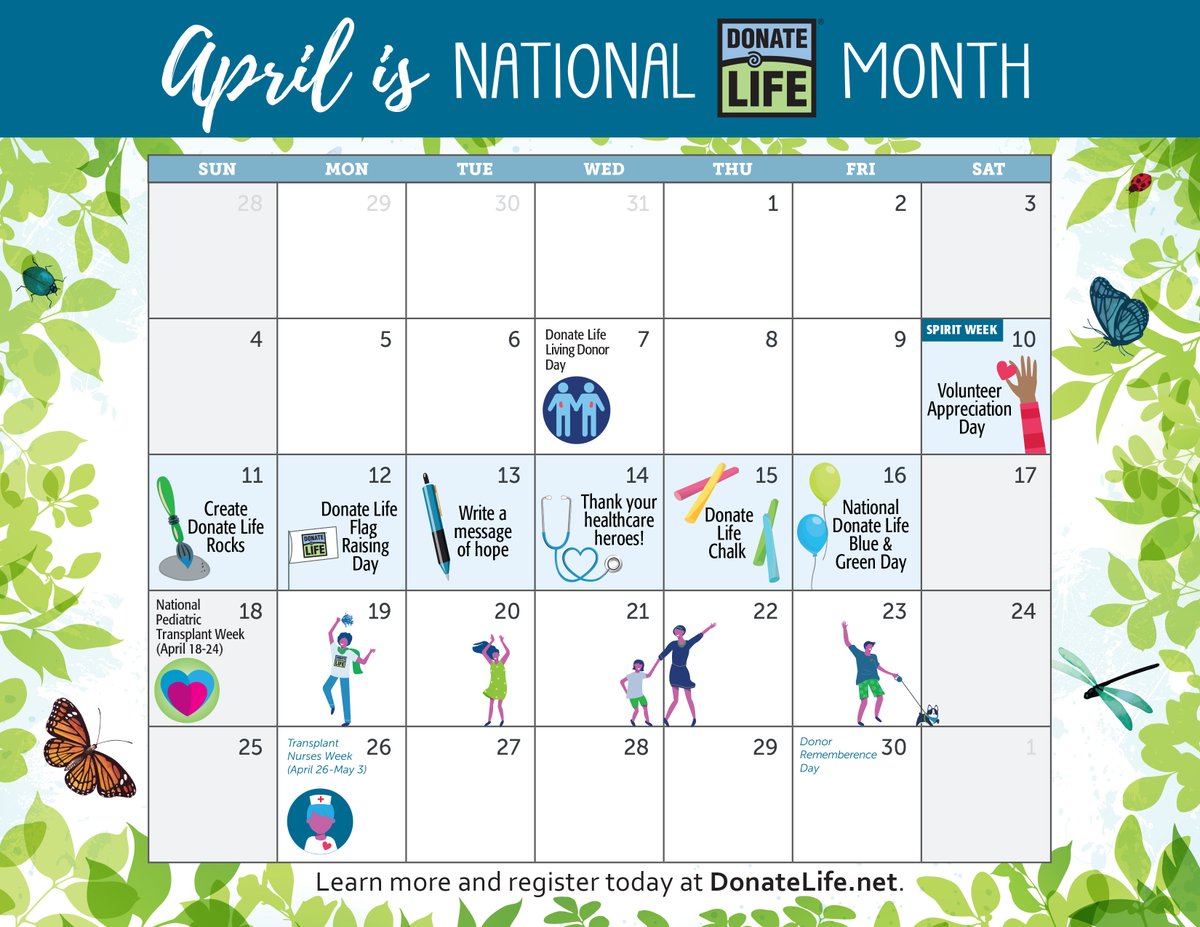 DonateLife's tweet photo. National #DonateLife Month starts next week! Check out the #DonateLifeMonth calendar with key dates &amp; ways you can participate throughout April. 💙💚  #NDLM2021 More information and resources at https://t.co/YqeHMupDY9. https://t.co/dogRwcqdtt