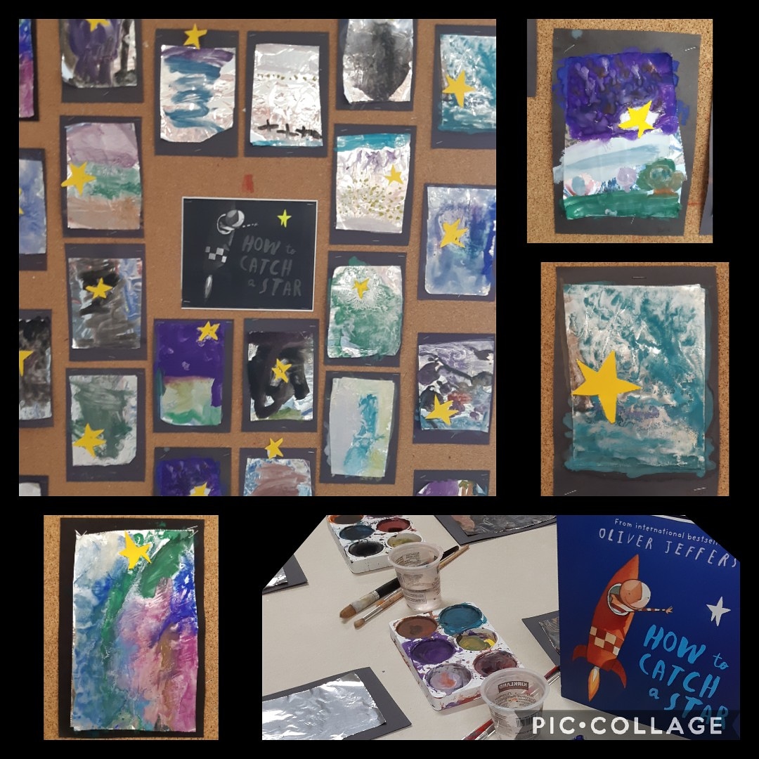 What a fun mixed media art project with my Kindergarteners. We read How to Catch a Star and made our own water colour creations using tin foil ⭐