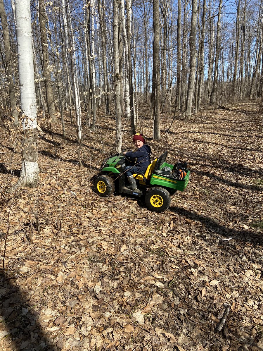 Someone was excited with the nice weather this week! Well that and he thinks that the “baby” chainsaw in the rear of his gator is his, because it’s little!  Lol. 🌳