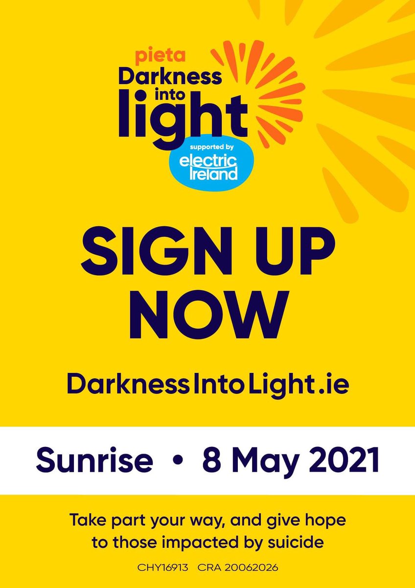 We’re here to shine a light, and to remind you, you’re not alone. 

We’re looking forward to sharing a magical Darkness Into Light sunrise with you on May 8th. 

Last week to avail of early bird which ends on March 31st. darknessintolight.ie 

#DIL2021 #DarknessIntoLight2021