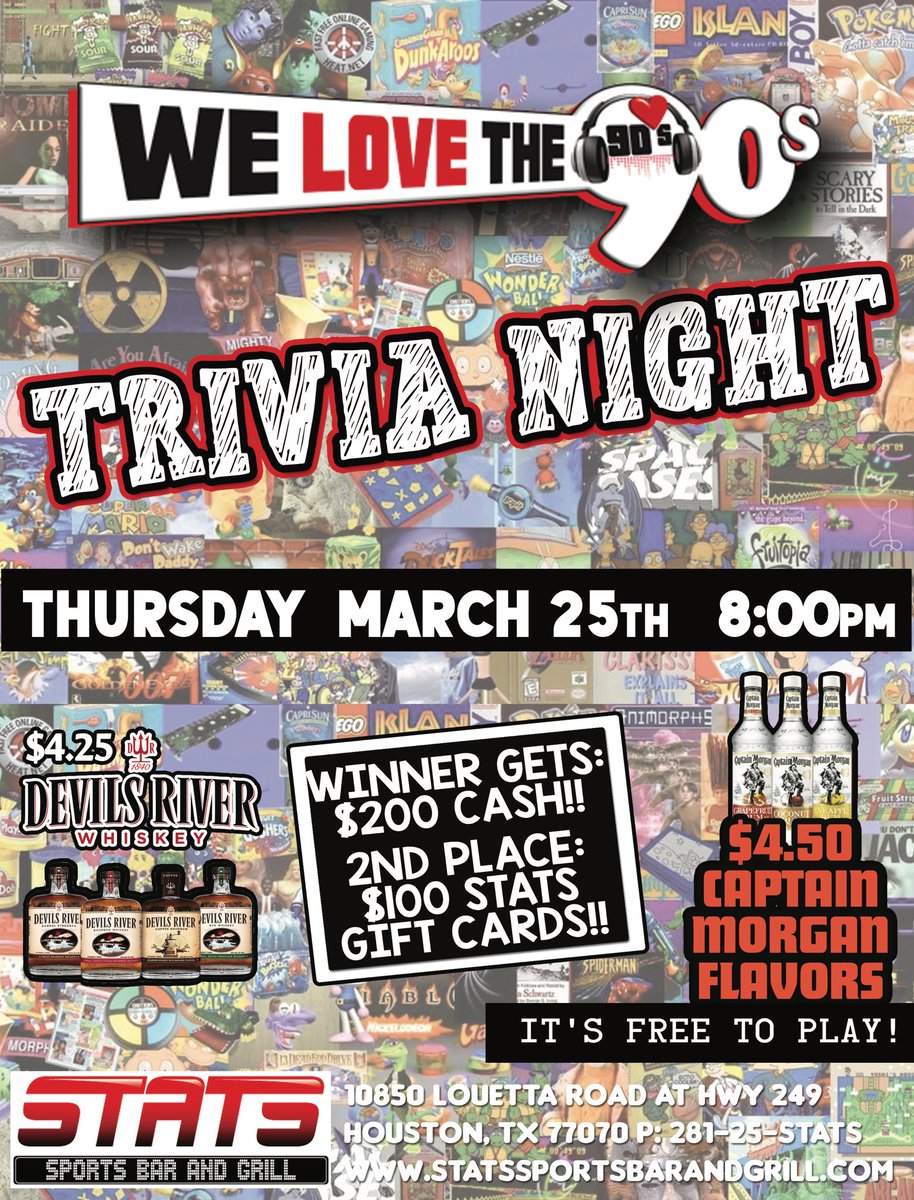 Stats Sports Bar (@statssportsbar) on Twitter photo Who’s ready to get jiggy with it?? Grab your home skillets and play some 90s trivia with us tonight! If you’re hella fly you can win $200!! Schwing! Let’s get crunk! #trivianight #houstonthingstodo #houstontrivia #throwbackthursday #ninetieskid Who’s ready to get jiggy with it?? Grab your home skillets and play some 90s trivia with us tonight! If you’re hella fly you can win $200!! Schwing! Let’s get crunk! #trivianight #houstonthingstodo #houstontrivia #throwbackthursday #ninetieskid