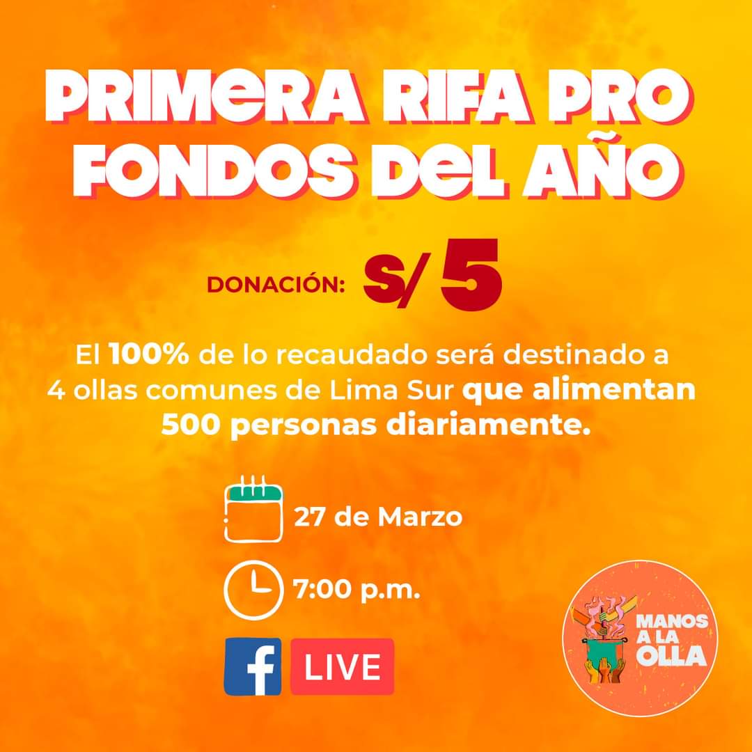 manos_olla's tweet image. El gobierno aún no atiende a las ollas comunes, pero nosotras sí, por ello, l@s invitamos a apoyar la rifa solidaria que tendremos este sábado 27. Cada rifa está 5 soles!
Solos el pueblo, salva al pueblo.
Comida para tod@s💪