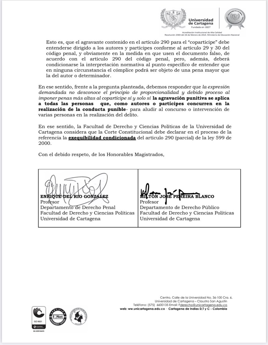 En trabajo conjunto con el Prof. <a href="/kikedelr/">Enrique Del Rio González</a> se rindió concepto a nombre de la Universidad de Cartagena, en el Proceso D-14063 que cursa en la H <a href="/CConstitucional/">Corte Constitucional</a> por la demanda de inconstitucionalidad contra el artículo 290 del Código Penal presentada por el abogado <a href="/CancinoAbog/">Iván Cancino</a>