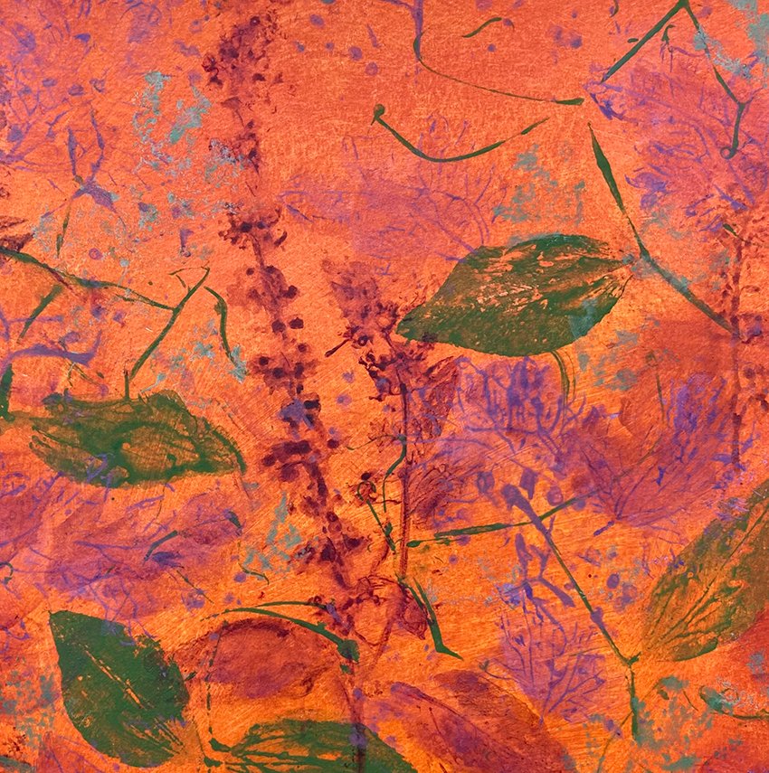 celestesterling's tweet photo. Sweet Peas & Purple Basil, nature printed in Autumn colours. #natureprinted #art #madewithplants #seasonalpainting #artfornature #contemporaryart #nzart #nzartist #painting #nature #patreoncreator #orange #burgundy #plants #Autumn #Aotearoa #NewZealand https://t.co/dEXHMLu9b6