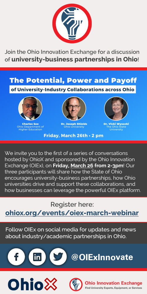 OIEXInnovate's tweet photo. Register for our webinar with @OhioXOrg about the power of university-industry collaborations and how expert finder systems like #OIEx are crucial to this!
Don't miss out on this important talk. Register here: https://t.co/2zAFqQz0uR https://t.co/zfVuxRQeBE