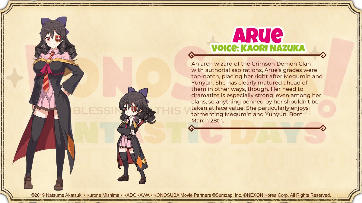 KonoSuba: Fantastic Days on Twitter: "Did you know that Arue's birthday is  this upcoming Sunday?  Here's more info about Megumin and YunYun's former  classmate...  #KonoSubaFantasticDays https://t.co/GRL1LZXjNO" / Twitter
