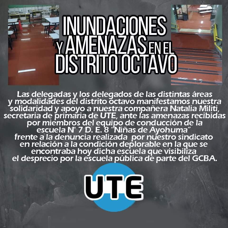 tanoscarano's tweet photo. Lxs delegadxs de las distintas áreas y modalidades del Distrito Octavo repudiamos las amenazas a quienes defienden los derechos de docentes y alumnxs de enseñar y aprender en condiciones dignas y seguras.
@Mike_Cuervo84 @AndiVillena @nataliamiliti @MaestraNacional @Natysimo75 https://t.co/3Hs5pyHMhV