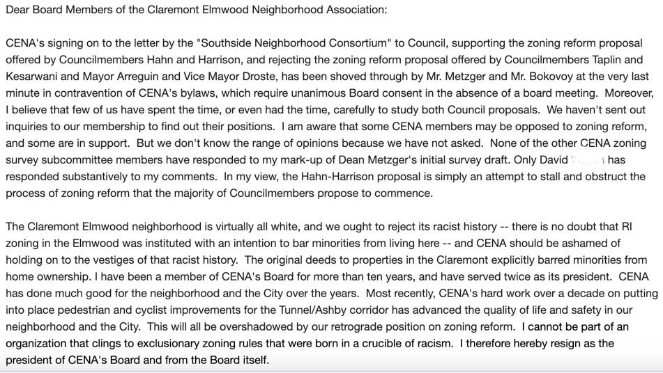 loridroste's tweet photo. This was a twist I didn’t see coming. Claremont Elmwood Neighborhood President resigns because the board refuses to support the community process to begin zoning reform. @MarkHumbert writes “[the] neighborhood is virtually all white, and we ought to reject its racist history.” https://t.co/HuElDlWSHj