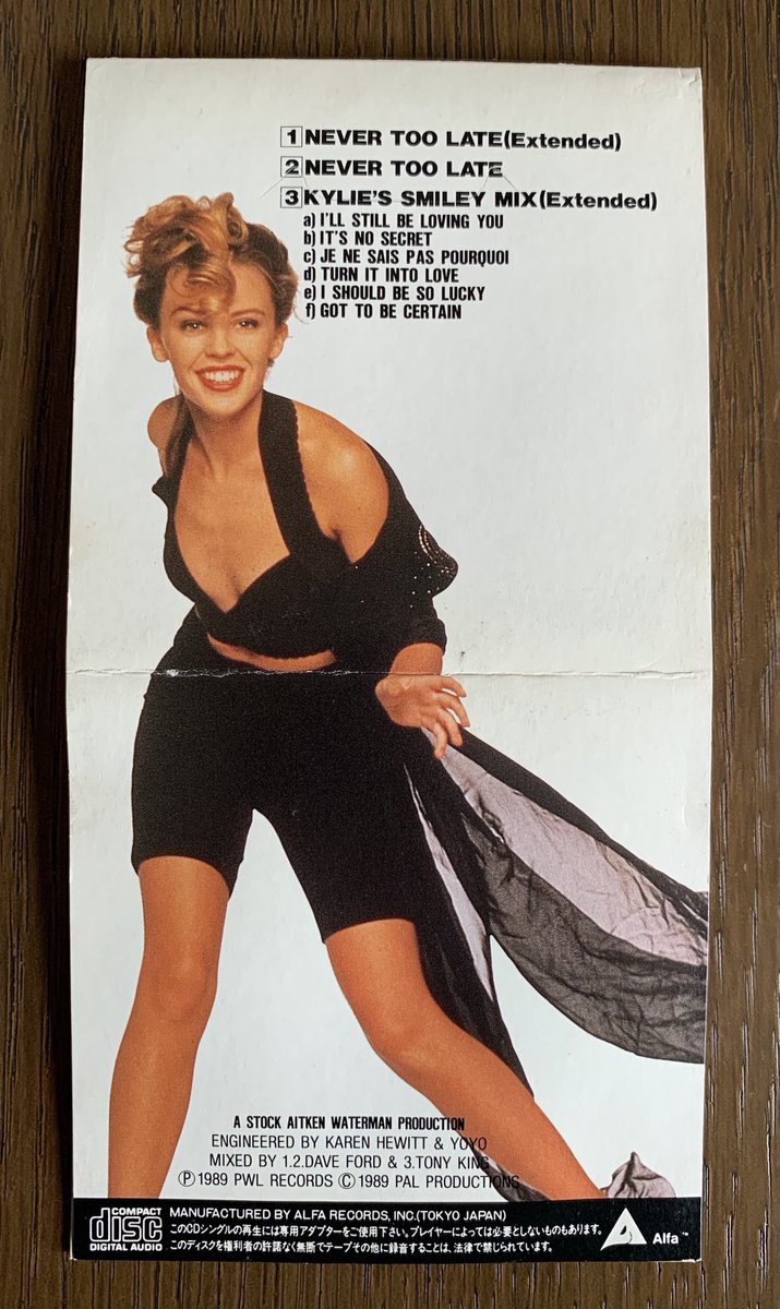spjury's tweet photo. #KylieMinogue Never Too Late. 1989 #Japanese 3 track 3โ CD single. Complete with cute fold out lyric sheet. So happy to have this in my #KylieCollection. 11B3-83 #JapaneseMiniCD #PWL #80sMusic #ClassicSAW ๐ฏ๐ต๐ฟ๐ถ๐บ๐ฅ๐ฅฐ https://t.co/uKmOWz6dZx