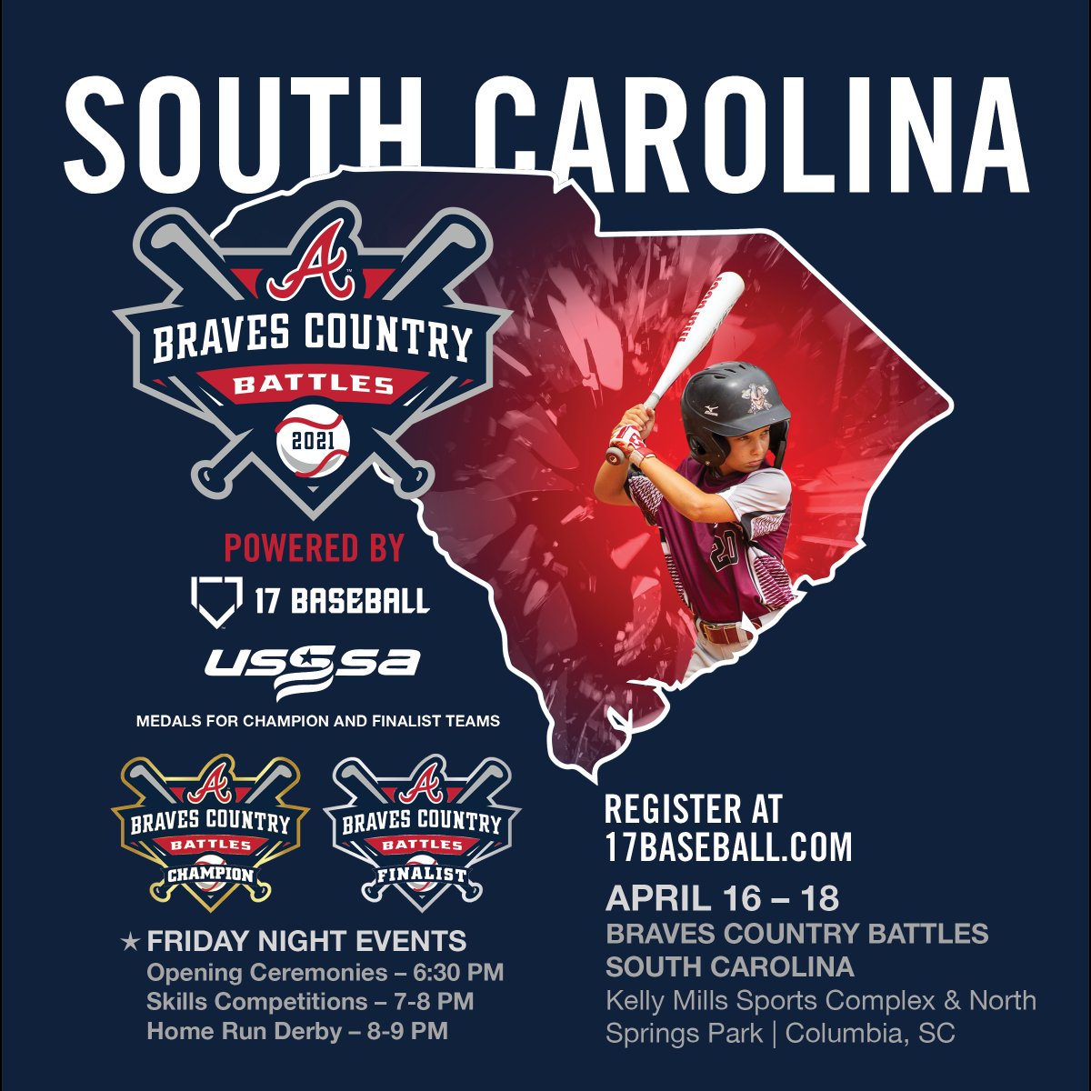 17Tournaments's tweet photo. We have 3 amazing Braves Country Battles events hitting parks in South Carolina, Georgia and Alabama next month! Secure your spot, sign up today at https://t.co/EhUJ3euCxh! 
#Play17 #17Baseball #PlayUSSSA https://t.co/n1dxstVt8r