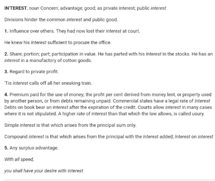 LDS_EmmaKat's tweet photo. @tsteinnnn Interest has multiple definitions (this is from the 1828 Webster's dictionary).
Number 4 is probably the most accurate, guessing from context. One part that stands out to me is "property used by another person, or from debts remaining unpaid." (1/2) https://t.co/vwchojc6UN
