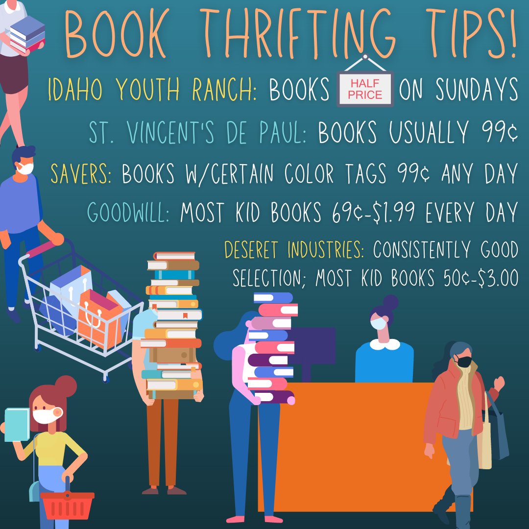 BoiseBookshelf's tweet photo. Looking to donate on a budget? You can find really great like-new kid books at our local thrift stores! Just check for library labels, dog chewing, and water damage :) And use these handy shopping tips to maximize your tag-popping power. https://t.co/INRDtYUEFf