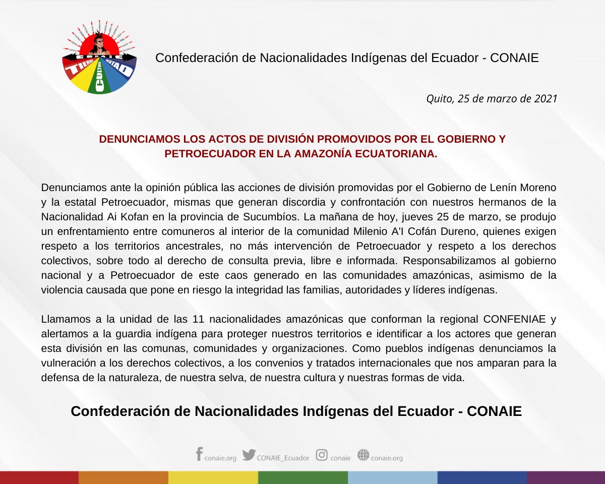 CONAIE_Ecuador's tweet photo. #Atencion
Denunciamos los actos de división promovidos por el gobierno y @EPPETROECUADOR en la amazonía ecuatoriana. Llamamos a las 11 nacionalidades amazónicas de @confeniae1 y a la guardia indígena para activarse en defensa de nuestros territorios y rechazar el divisionismo. https://t.co/DsRmMO4DhN