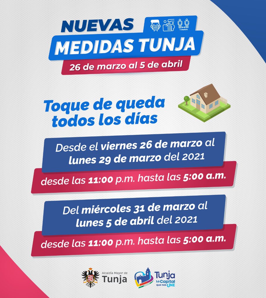 AlcaldiaTunja's tweet photo. #Importante 
Desde mañana aplicará el toque de queda en Tunja, consulta los horarios y excepciones aquí 👇 https://t.co/JUjAWZb0QL