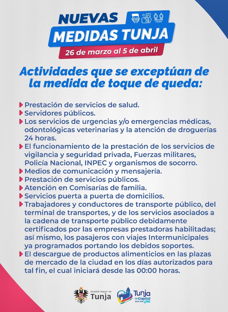 AlcaldiaTunja's tweet photo. #Importante 
Desde mañana aplicará el toque de queda en Tunja, consulta los horarios y excepciones aquí 👇 https://t.co/JUjAWZb0QL
