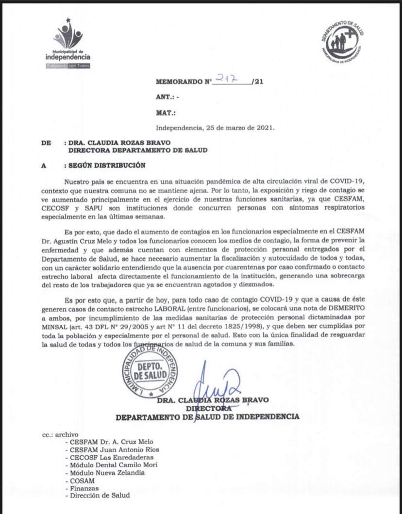 PaolaAndreaCZ's tweet photo. La directora de salud de Independencia se volvió loca. ¿Van a sancionar funcionarios por contagiarse en el cumplimiento de su trabajo?
Ministro @DrEnriqueParis Ud debe detener esto por ilegal por favor, Sra @pdazan esto es un atropello no solo a derechos laborales, a la dignidad https://t.co/mfI40w81wT