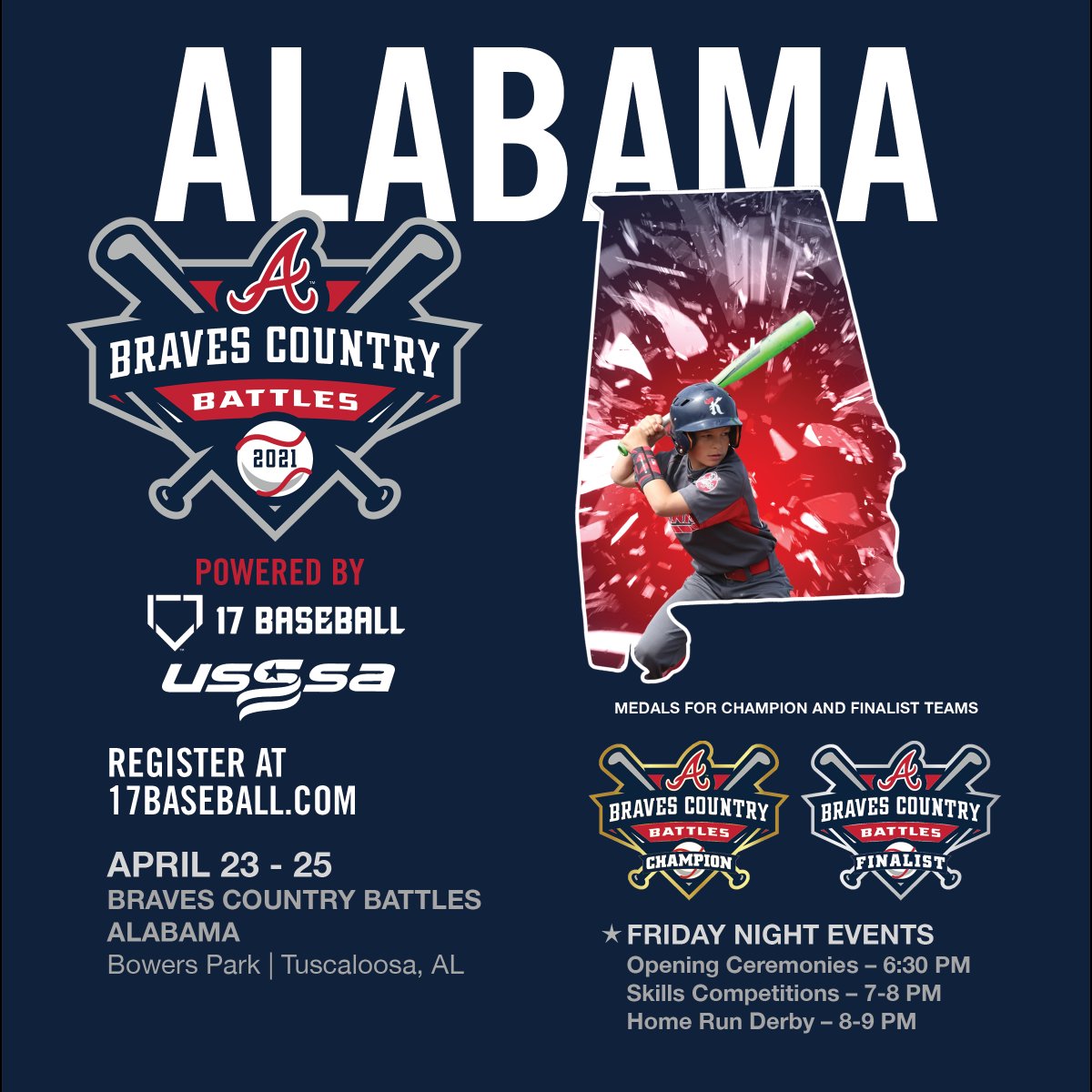 We have 3 amazing Braves Country Battles events hitting parks in South Carolina, Georgia and Alabama next month! Secure your spot, sign up today at 17Baseball.com! 
#Play17 #17Baseball #PlayUSSSA