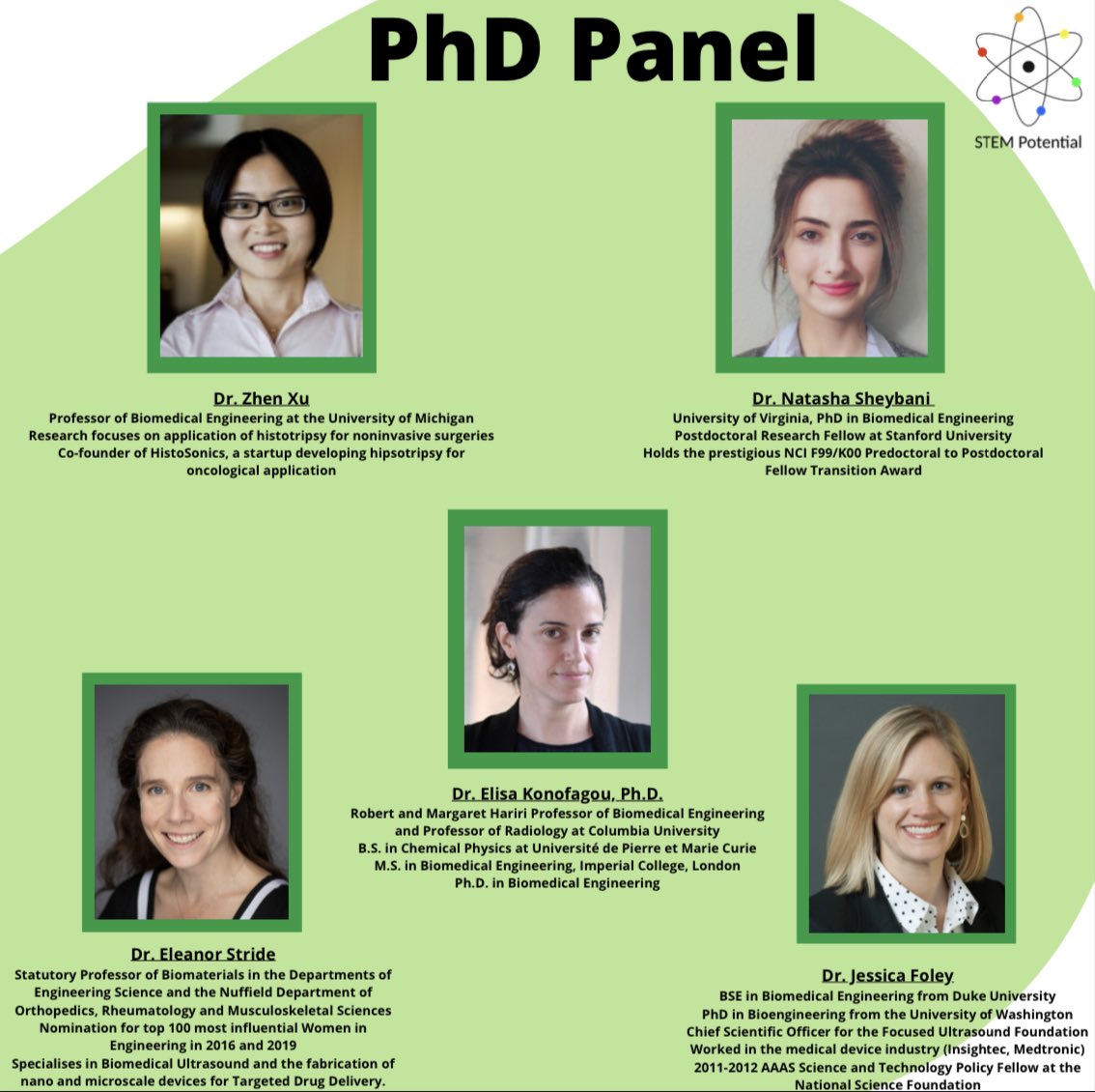 STEMPotential's tweet image. 📣UPDATED PhD Panelists! 📣 
Our webinar series continues to grow as our panels do. Check out our newest addition to the PhD panel, Dr. Elisa Konofagou! Grab a friend and get ready for the events coming, starting Saturday👩‍🔬#STEMPotential #STEM