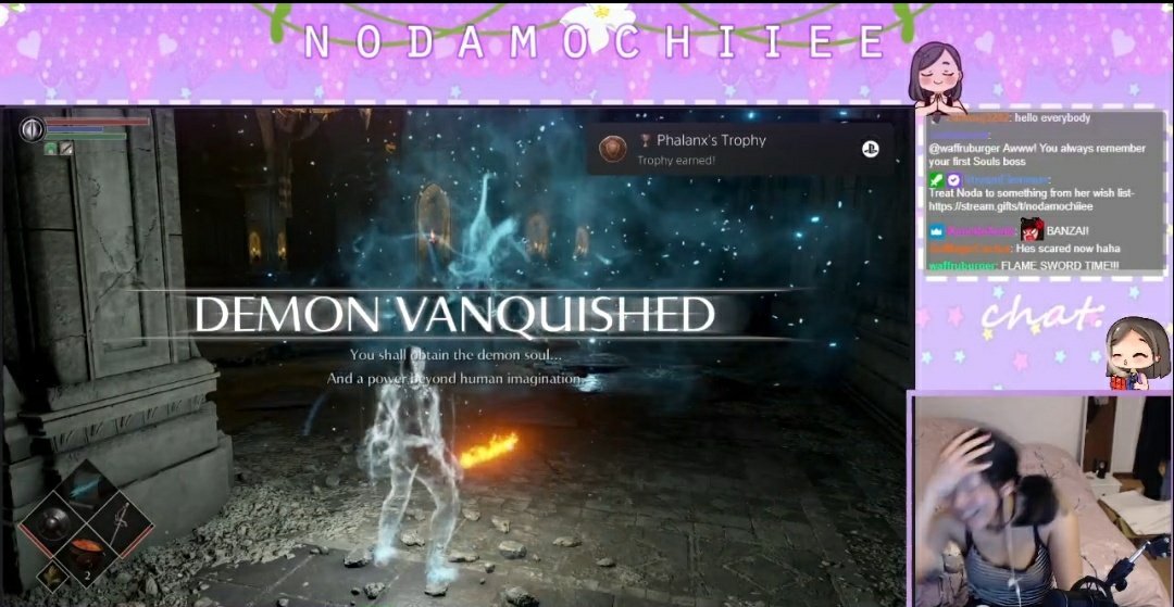 Nodamochiiee's tweet photo. Thought I'd never see this! 1% progress woo! I killed the first boss yay! Thanks to @SuperConputer @kuris8 @PhattRascal for the raids and @Arvixim for the 13 months Tier 3 sub @Nek0jag for the 40 flipping months sub! ๐คฏ๐๐ฑ #firsttimedemonsouls #firstsoulsgame https://t.co/nkhSE11NdM