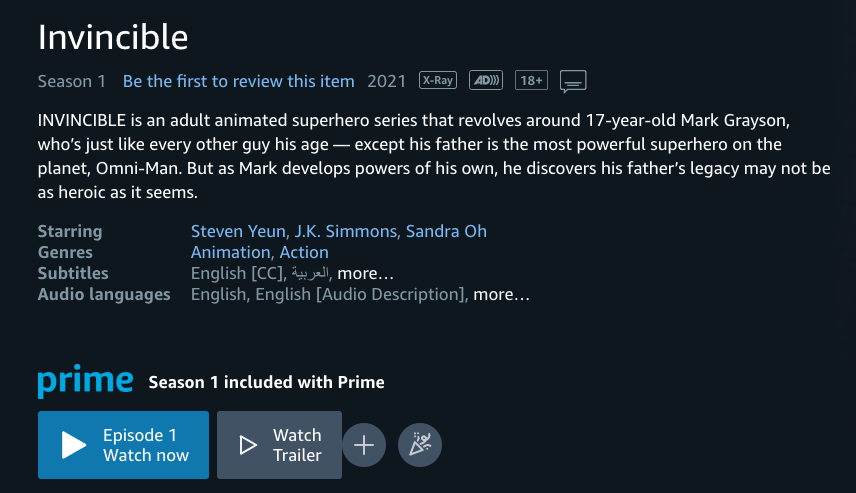 Screenshot of Invincible on Amazon Prime Episode watch now button