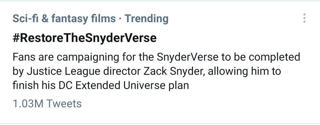 1 million tweets... Incredible. Fans of DC films have made their voice heard. We want the Snyder Verse to continue. If Warner Brothers doesn't green light Justice League 2 then they clearly don't want to compete with Marvel. #RestoreTheSnyderVerse #ZackSnydersJusticeLeague