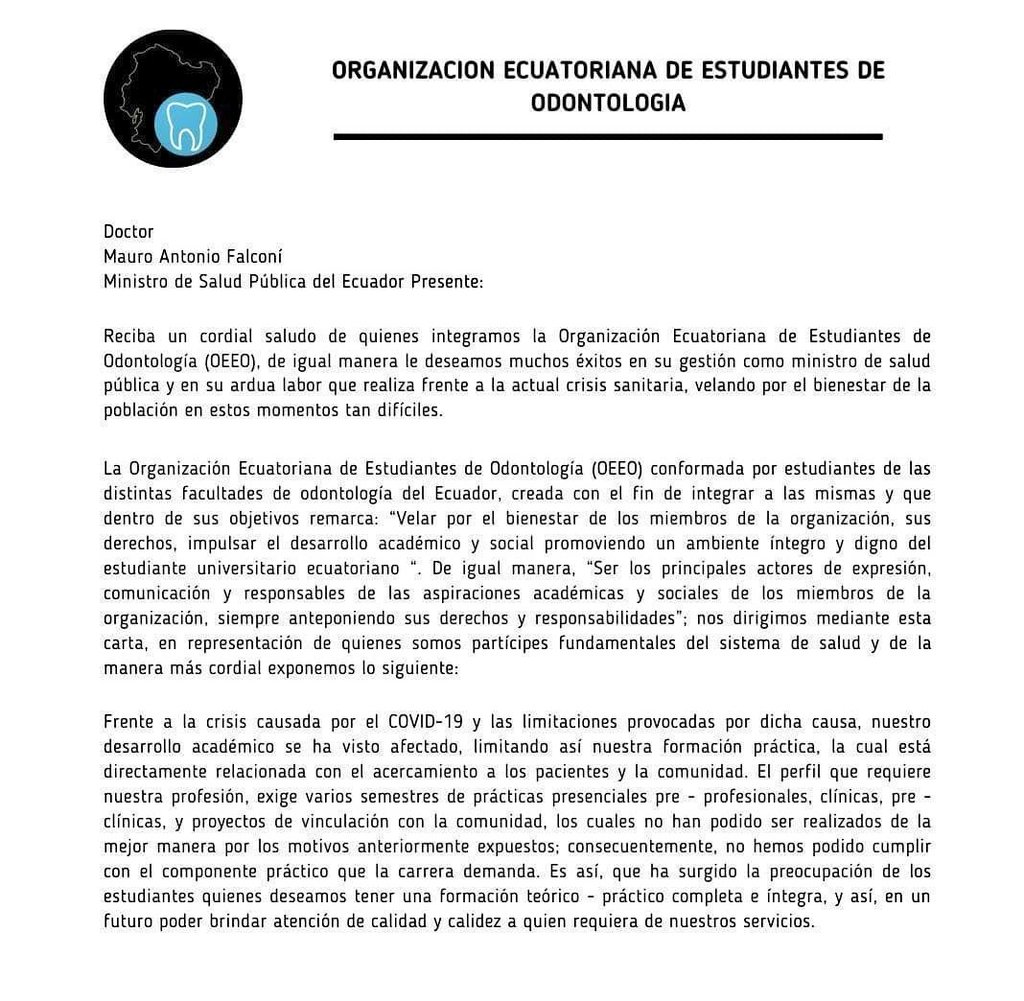 MoniVelasquezV's tweet photo. Odontólogos graduados pero sin práctica. Estudiantes de Odontología del país, envían un comunicado al ministro de Salud, Mauro Falconí, alertando que van a salir a la rural sin haber tocado un paciente y piden que sean también incluídos en plan de vacunación contra el Covid-19. https://t.co/stzYE1PyA3
