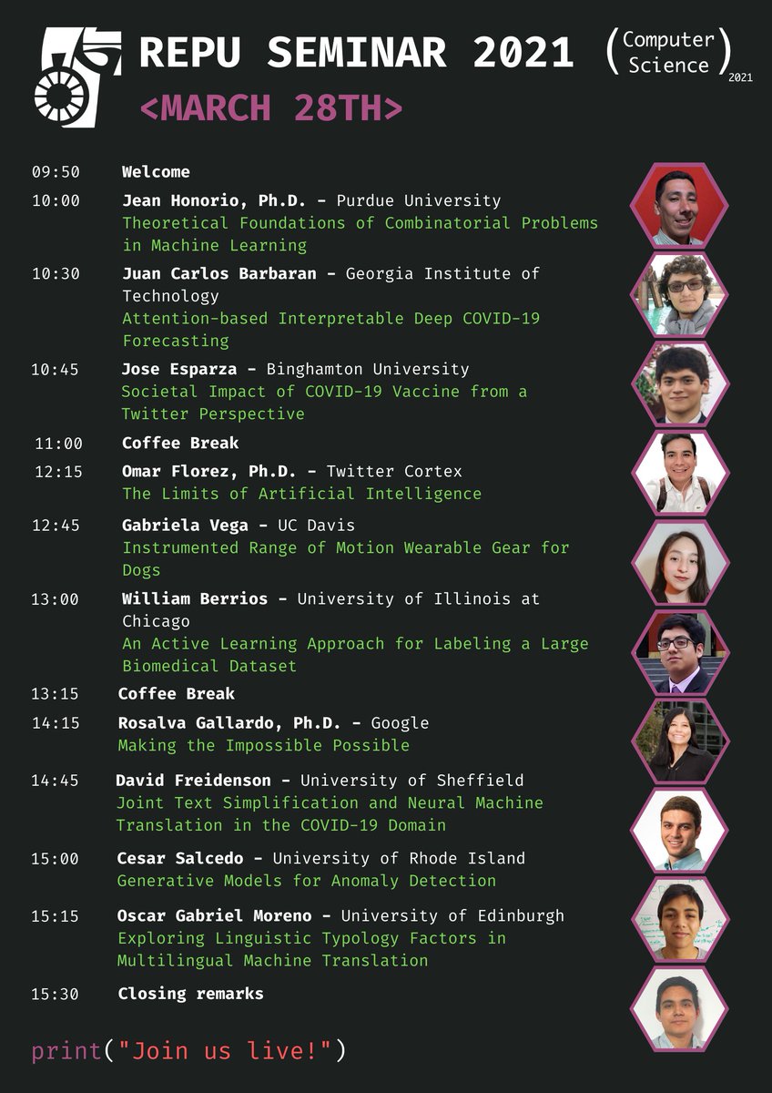 REPU (@repuprogram) on Twitter photo The #REPUseminar 2021 will be held online this Sunday! As every year, #REPU2021 mentees will present their work. In addition, we will have invited speakers from academia and tech industry. 
Join us live on facebook.com/REPUprogram! The #REPUseminar 2021 will be held online this Sunday! As every year, #REPU2021 mentees will present their work. In addition, we will have invited speakers from academia and tech industry. 
Join us live on facebook.com/REPUprogram!