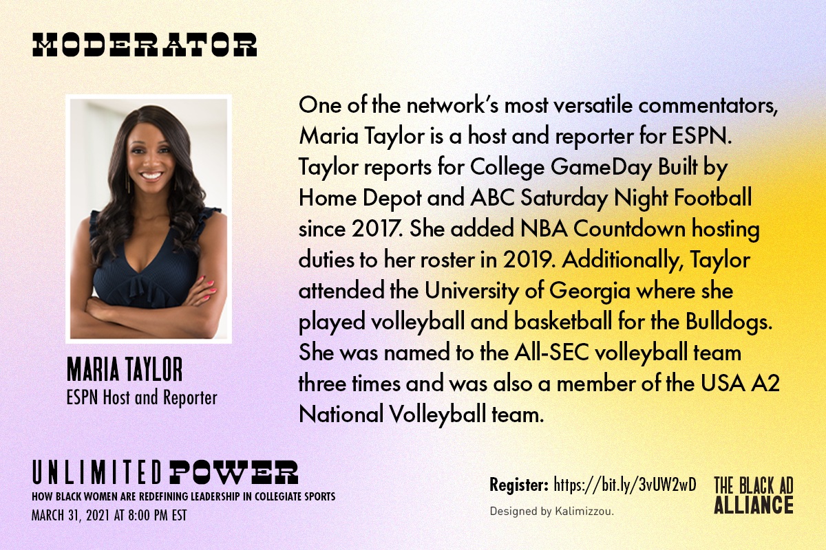 We're so excited to have ESPN host and reporter Maria Taylor as moderator for this amazing talk with four groundbreaking Athletic Directors.

Sign up now for the talk!
March 31, 2021 at 7:00 PM EST
Link: bit.ly/3vUW2wD

<a href="/MariaTaylor/">Maria Taylor</a>