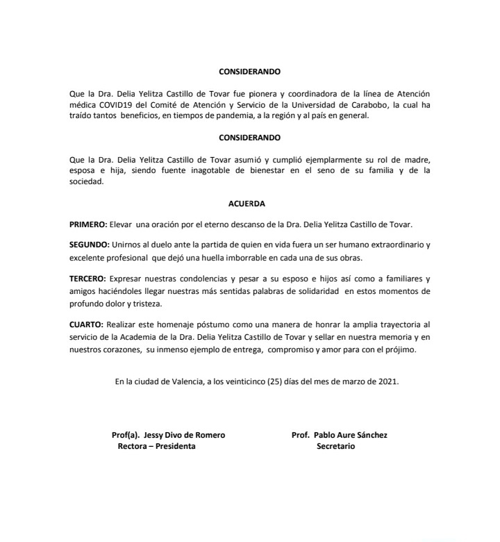 Homenaje póstumo del Consejo Universitario de la <a href="/UCarabobo/">Universidad de Carabobo</a> ante el sensible fallecimiento de la Dra. Delia Yelitza Castillo de Tovar.