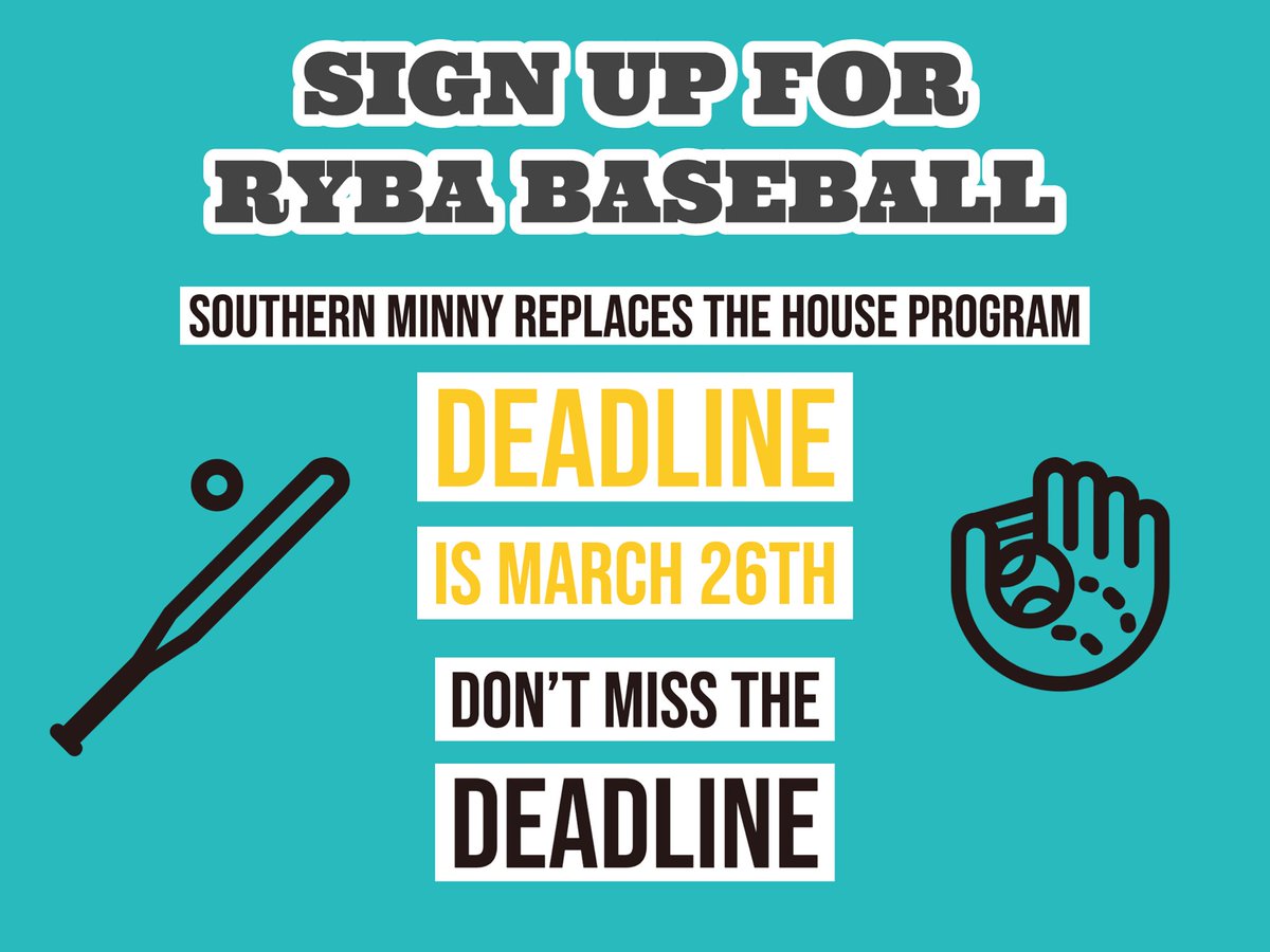 rybamn's tweet photo. LAST CALL! Southern Minny League Registration 9U-14U period ends March 26th.  The Southern Minny is formerly the House League.  Please sign up by clicking the link below:
https://t.co/tatUhHTBiJ https://t.co/zKzhQOKu8Y