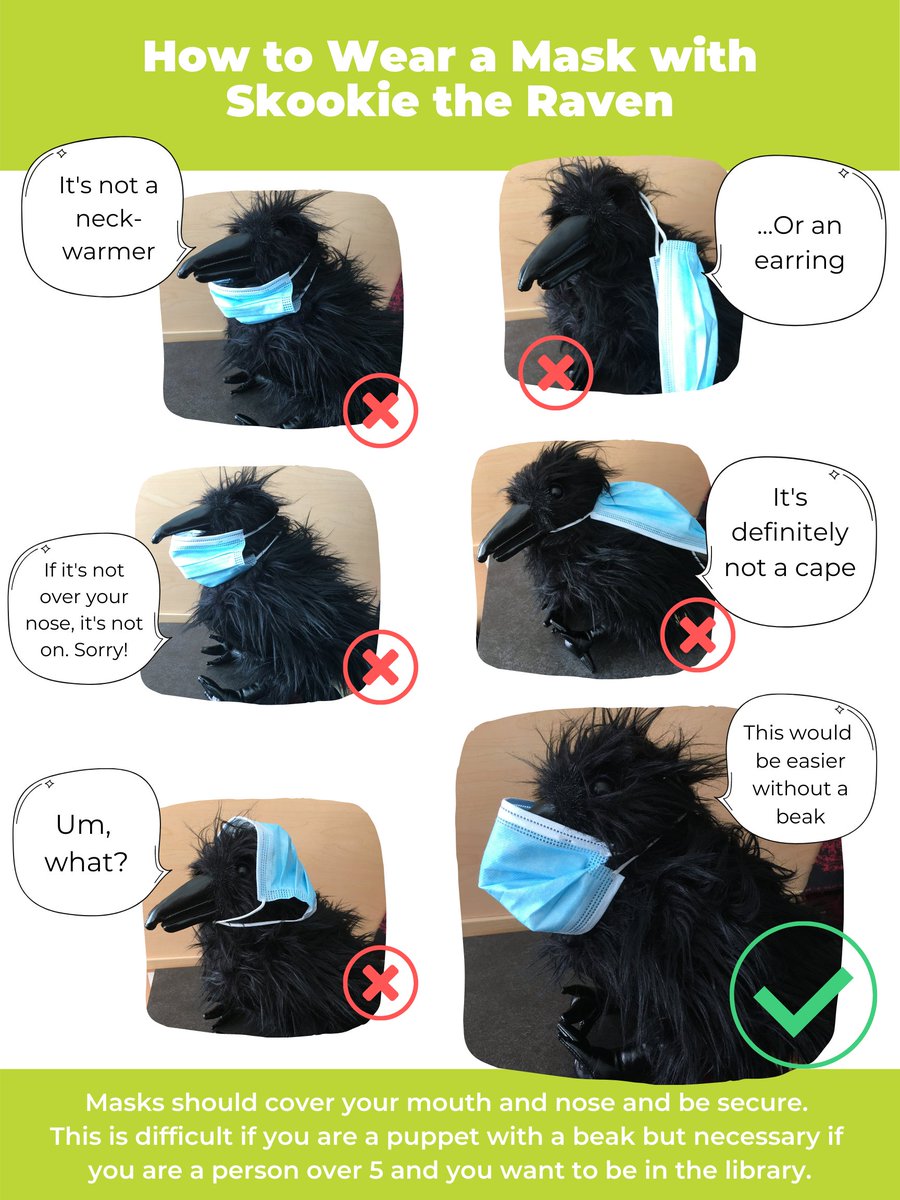 YukonLibraries's tweet photo. Whitehorse Public Library staff enlisted the help of Skookie the Raven to remind everyone that the mask directive is still in effect at all Yukon Public Libraries. And there's a right way and a wrong way to wear one. #howtowearamask #ravenpuppet #libraryhumour https://t.co/pWY4x6mCT5