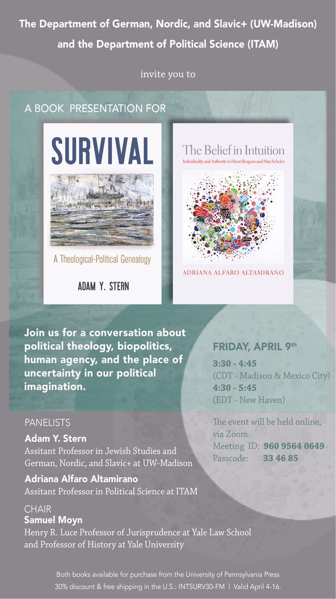 Presentación del libro de profesora Adriana Alfaro, en conversación con el profesor Adam Stern (UW-Madison).
Acompáñennos a una charla sobre teología política, biopolítica, agencia humana y el lugar de la incertidumbre en nuestro imaginario político.
Viernes 9 abril 3.30 pm
