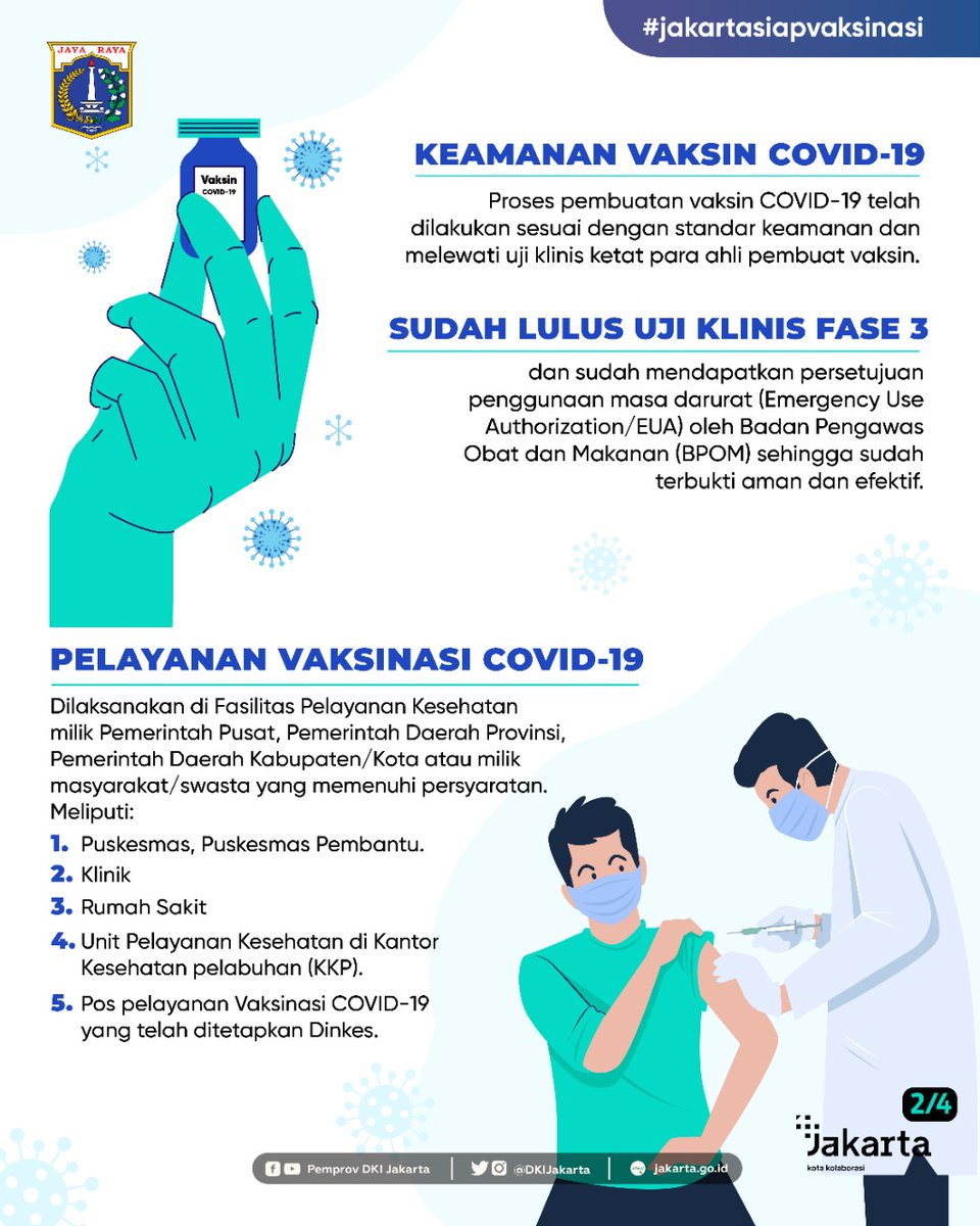 DKIJakarta's tweet photo. Di antara kita pasti ada yang bertanya-tanya, "Kapan giliranku divaksinasi, ya?"

Yuk, cari tahu sasaran penerima vaksinasi COVID-19 dan informasi tentang vaksin lainnya pada infografik berikut!

https://t.co/IvLXssEW2W
#VaksinasiCovid19 #jagajakarta #hadapibersama #dinkesdki https://t.co/XIbTOpsAGx