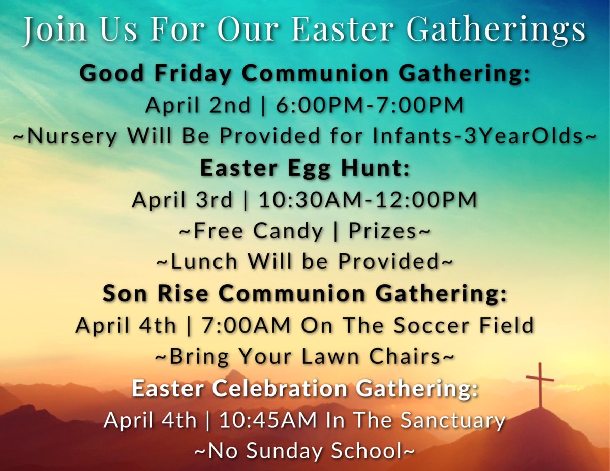 YOU’RE INVITED!
Come join us at Rehoboth for all our Easter gatherings!! We would love to see you.
