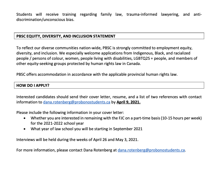 *Job Posting* PBSC National is recruiting 8 full-time upper-year summer students for  new Family Justice Centre (FJC). Successful candidates will have the option of remaining with the FJC on a part-time basis throughout the school year. Applications are due by April 9th.