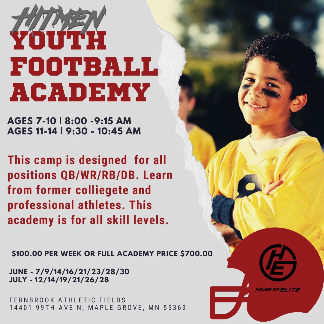 Hitmen Youth Football Academy!🏈⠀
ages 7-10 &amp; 11-14 starting in June.⠀
This camp is designed for all positions and all skill levels. Register today! - mcusercontent.com/ed2ea2af0a91b9…
Email mnhitmen@gmail.com with any questions.
