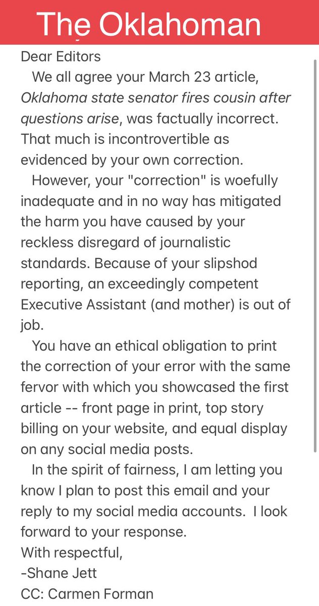 shanejett's tweet photo. ⚠️FAKE NEWS from @TheOklahoman
This week, the Oklahoman published a completely false story accusing me of violating the law. The story was, by any objective standard, FAKE NEWS. 
Read the email below, ⬇️ sent to the Oklahoman editors at 1:03pm today.

I’ve yet to receive a reply. https://t.co/0RaXbDtxpr