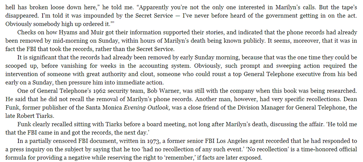 the FBI swooped in and got the phone records, which would've shown exactly who Marilyn's last phone calls were to. of course it was to RFK, and they covered it up, lol