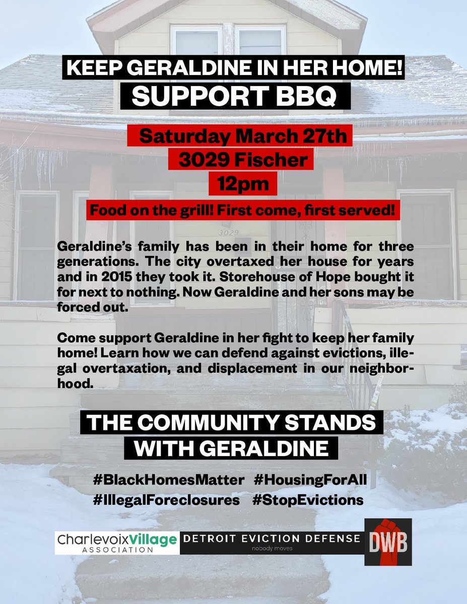 CVA_Detroit's tweet photo. We posted about Ms. Geraldine’s situation with an #illegalforeclosure and the predatory nonprofit Storehouse of Hope.
Now she is asking for community support at a BBQ this Saturday at 12pm. Keep Geraldine in her home! Organized with @DETWILLBREATHE and @EvictDefense https://t.co/qqyuzvPwrJ