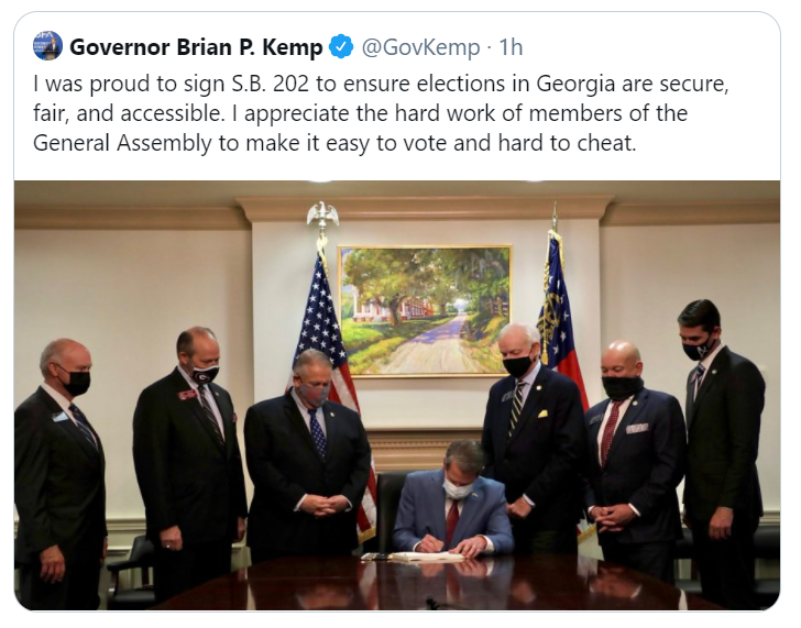 Brambleman's tweet photo. Amazing optics: @GovKemp hosts hasty all-white male signing ceremony for Voter Enragement Bill while black female legislator Park @Cannonfor58 is dragged off in handcuffs for knocking on his office door #SB202

Been there, done that, @NikemaWilliams

Video https://t.co/DvfSF7jyvx https://t.co/bYyty5DkeR